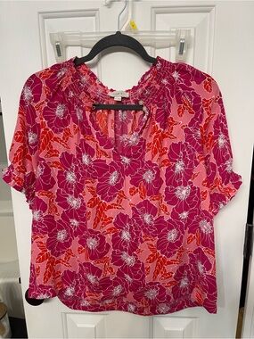 LOFT Outlet Pink and Coral Floral Smocked Neck Blouse